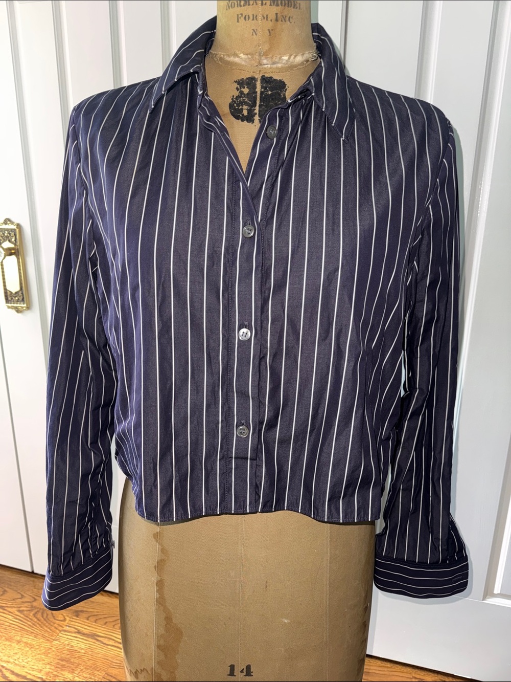 Theory Navy and White Pinstripe Button-Down Shirt